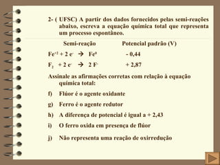 2- ( UFSC) A partir dos dados fornecidos pelas semi-reações abaixo, escreva a equação química total que representa um processo espontâneo. Semi-reação  Potencial padrão (V) Fe +2  + 2 e -      Fe 0   - 0,44 F 2   + 2 e -      2 F -   + 2,87 Assinale as afirmações corretas com relação à equação química total: Flúor é o agente oxidante Ferro é o agente redutor A diferença de potencial é igual a + 2,43 O ferro oxida em presença de flúor Não representa uma reação de oxirredução   