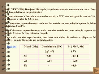 4-(FUVEST-2000) Deseja-se distinguir, experimentalmente, o estanho do zinco. Para tal, foram feitos três experimentos: I- Determinou-se a densidade de um dos metais, a 20 0 C, com margem de erro de 3%, e achou-se o valor de 7,2 g/cm 3 . II- Colocou-se, separadamente, cada um dos metais em uma solução aquosa de ácido clorídrico 1 mol/L. III- Colocou-se, separadamente, cada um dos metais em uma solução aquosa de sulfato ferroso, de concentração 1 mol/L. Para cada um dos experimentos, com base nos dados fornecidos, explique se foi possível ou não distinguir um metal do outro. Dados: Metal ( Me)  Densidade a 20 0 C  E o  ( Me +2 , Me)  ( g/cm 3 )  ( V)  Sn  7,29  - 0,14 Zn  7,14  - 0,76 Fe  -  - 0,44 