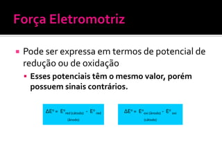

Pode ser expressa em termos de potencial de
redução ou de oxidação
 Esses potenciais têm o mesmo valor, porém

possuem sinais contrários.
∆E0 = E0red (cátodo) - E0 red

∆E0 = E0oxi (ânodo) - E0 oxi

(ânodo)

(cátodo)

 