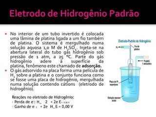 No interior de um tubo invertido é colocada
uma lâmina de platina ligada a um fio também
de platina. O sistema é mergulhado numa
solução aquosa 1,0 M de H2SO4. Injeta-se na
abertura lateral do tubo gás hidrogênio sob
pressão de 1 atm, a 25 °C. Parte do gás
hidrogênio
adere
à
superfície
da
platina, fenômeno este chamado de adsorção.
 O gás adsorvido na placa forma uma película de
H2 sobre a platina e o conjunto funciona como
se fosse uma placa de hidrogênio, mergulhada
numa solução contendo cátions (eletrodo de
hidrogênio).


Reações no eletrodo de Hidrogênio:
– Perda de e-: H
2 + 2e E = 0,00 V
– Ganho de e : 2 + 2e H E = 0,00 V
–

2(g)

–

–

2(g)

0

0

 