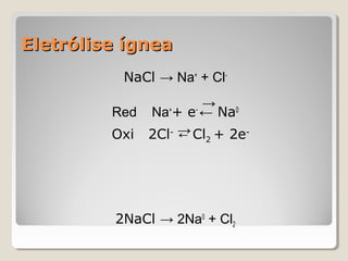 Eletrólise ígnea
NaCl → Na+ + Cl→ 0
Red Na + e ← Na
Oxi 2Cl- → Cl2 + 2e←
+

-

2NaCl → 2Na0 + Cl2

 