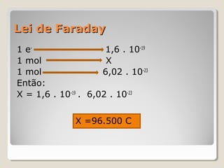 Lei de Faraday
1 e1,6 . 10-19
1 mol
X
1 mol
6,02 . 10-23
Então:
X = 1,6 . 10-19 . 6,02 . 10-23
X =96.500 C

 
