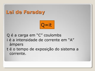 Lei de Faraday
Q=it
Q é a carga em “C” coulombs
i é a intensidade de corrente em “A”
àmpers
t é o tempo de exposição do sistema a
corrente.

 