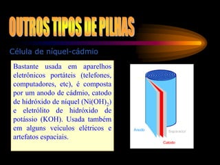 Célula de níquel-cádmio
Bastante usada em aparelhos
eletrônicos portáteis (telefones,
computadores, etc), é composta
por um anodo de cádmio, catodo
de hidróxido de níquel (Ni(OH)2)
e eletrólito de hidróxido de
potássio (KOH). Usada também
em alguns veículos elétricos e
artefatos espaciais.
 