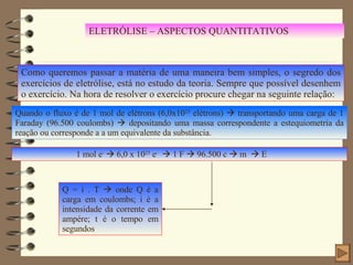 ELETRÓLISE – ASPECTOS QUANTITATIVOS Como queremos passar a matéria de uma maneira bem simples, o segredo dos exercícios de eletrólise, está no estudo da teoria. Sempre que possível desenhem o exercício. Na hora de resolver o exercício procure chegar na seguinte relação: Quando o fluxo é de 1 mol de elétrons (6,0x10 23  elétrons)    transportando uma carga de 1 Faraday (96.500 coulombs)    depositando uma massa correspondente a estequiometria da reação ou corresponde a a um equivalente da substância. 1 mol e -     6,0 x 10 23  e -     1 F    96.500 c    m    E Q = i . T    onde Q é a carga em coulombs; i é a intensidade da corrente em ampére; t é o tempo em segundos 