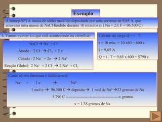 Exemplo (Unimep-SP) A massa de sódio metálico depositada por uma corrente de 9,65 A, que atravessa uma massa de NaCl fundido durante 10 minutos é: ( Na = 23; F = 96.500 C) I- Vamos montar a o que está acontecendo na eletrólise: NaCl    Na +  + Cl - Ânodo :  2 Cl -     Cl 2   + 2 e - Cátodo : 2 Na +   + 2e -     2 Na 0 Reação Global:  2 Na +   + 2 Cl -     2 Na 0   + Cl 2 Como só nos interessa o sódio temos:  Na +   +  1 e -      Na 0 1 mol e -      96.500 C    deposita     1 mol de Na 0    23 gramas de Na 5.790 C ----------------------------------------x gramas x = 1,38 gramas de Na Cálculo da carga Q = i . T t = 10 min. = 10 x60 = 600 s i = 9,65 A Q = i . T = 9,65 x 600 = 5790 c 