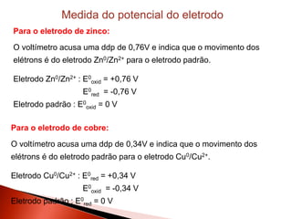 Para o eletrodo de zinco:
O voltímetro acusa uma ddp de 0,76V e indica que o movimento dos
elétrons é do eletrodo Zn0/Zn2+ para o eletrodo padrão.
Eletrodo Zn0/Zn2+ : E0
oxid = +0,76 V
E0
red = -0,76 V
Eletrodo padrão : E0
oxid = 0 V
Medida do potencial do eletrodo
Para o eletrodo de cobre:
O voltímetro acusa uma ddp de 0,34V e indica que o movimento dos
elétrons é do eletrodo padrão para o eletrodo Cu0/Cu2+.
Eletrodo Cu0/Cu2+ : E0
red = +0,34 V
E0
oxid = -0,34 V
Eletrodo padrão : E0
red = 0 V
 