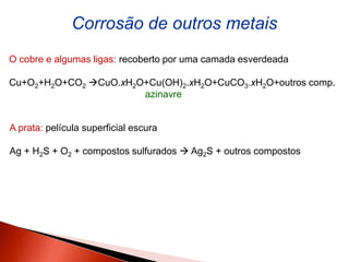 Corrosão de outros metais
O cobre e algumas ligas: recoberto por uma camada esverdeada
Cu+O2+H2O+CO2 CuO.xH2O+Cu(OH)2.xH2O+CuCO3.xH2O+outros comp.
azinavre
A prata: película superficial escura
Ag + H2S + O2 + compostos sulfurados  Ag2S + outros compostos
 