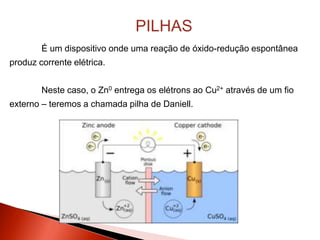 PILHAS
É um dispositivo onde uma reação de óxido-redução espontânea
produz corrente elétrica.
Neste caso, o Zn0 entrega os elétrons ao Cu2+ através de um fio
externo – teremos a chamada pilha de Daniell.
 