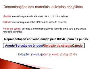 Denominações dos materiais utilizados nas pilhas
Ânodo: eletrodo que emite elétrons para o circuito externo
Cátodo: eletrodo que recebe elétrons do circuito externo
Representação convencionada pela IUPAC para as pilhas
Ânodo/Solução do ânodo//Solução do cátodo/Cátodo
Ponte de salina: permite a movimentação de íons de uma cela para outra,
nos dois sentidos
Zn0(s)|Zn2+ (1mol/L) || Cu2+ (1 mol/L) |Cu0(s) (25 0C)
 
