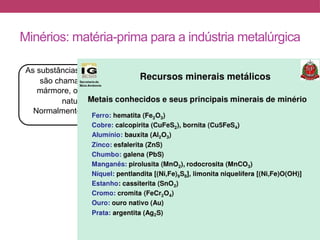 Minérios: matéria-prima para a indústria metalúrgica
As substâncias e materiais naturais encontrados na crosta terrestre
são chamados de minerais. O petróleo, a água, a areia, o
mármore, o ouro são bons exemplos de minérios. Agregados
naturais de minerais são chamados de rocha.
Normalmente, os metais podem ser encontrados em diferentes
minerais.
 
