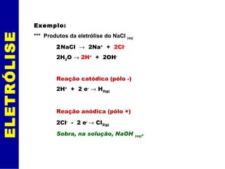 ELETRÓLISE Exemplo: ***  Produtos da eletrólise do NaCl  (aq) 2 NaCl     2Na +   +  2Cl - 2H 2 O     2H +   +  2OH - Reação catódica (pólo -) 2H +   +  2 e -     H 2(g) Reação anódica (pólo +) 2Cl -   -  2 e -    Cl 2(g) Sobra, na solução, NaOH  (aq) . 