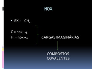 NOX 
 EX.: CH4 
C = nox -4 
H = nox +1 CARGAS IMAGINÁRIAS 
COMPOSTOS 
COVALENTES 
 