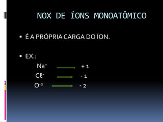 NOX DE ÍONS MONOATÔMICO 
 É A PRÓPRIA CARGA DO ÍON. 
 EX.: 
Na+ + 1 
Cℓ- - 1 
O-2 - 2 
 