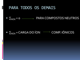 PARA TODOS OS DEMAIS 
 ΣNOX = 0 PARA COMPOSTOS NEUTROS 
 ΣNOX = CARGA DO ÍON COMP. IÔNICOS 
 