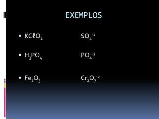 EXEMPLOS 
-2 
 KCℓO2 SO4 
-3 
 H3PO4 PO4 
-2 
 Fe2O3 Cr2O7 
 