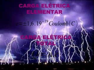 CARGA ELÉTRICA
ELEMENTAR
e=±1,6.19−19
Coulomb(C )
CARGA ELÉTRICA
TOTAL
enQ .=
 