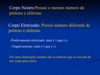 Corpo Neutro:Possui o mesmo número de
prótons e elétrons.

Corpo Eletrizado: Possui número diferente de
prótons e elétrons

-Positivamente eletrizado: mais (+) que (-).
- Negativamente: mais (-) que (+).


Em uma eletrização sempre são os elétrons que se movem de
um corpo para outro.
 