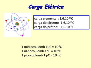 Carga Elétrica

        carga elementar: 1,6.10-19C
        carga do elétron: -1,6.10-19C
        carga do próton: +1,6.10-19C




1 microcoulomb 1µC = 10-6C
1 nanocoulomb 1nC = 10-9C
1 picocoulomb 1 pC = 10-12C
 