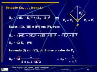 12/04/2021
Equipe de Física: Max Trindade - Nelson Leite Cardoso
Ruy Guilherme - Péricles Júnior
13
EP
Solução Ex1.2.3.1 (cont.).:
EP =  (E4 – E3)2 + (E2 – E1)2
(V)
=  E1
2 + E1
2
EP =  (4E1 – 3E1)2 + (2E1 – E1)2
Subst. (II), (III) e (IV) em (V), vem:
Levando (I) em (VI), obtém-se o valor de Ep:
E4 – E3
. E2 – E1
P

2  0 L 2/2
EP = 2

 0 L
 EP =
(VI)
EP = 2 E1
 