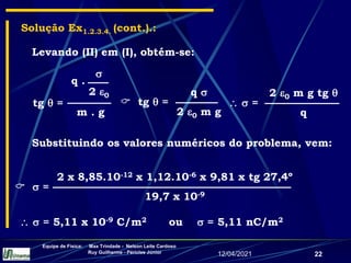 12/04/2021
Equipe de Física: Max Trindade - Nelson Leite Cardoso
Ruy Guilherme - Péricles Júnior
22
Solução Ex1.2.3.4. (cont.).:
Levando (II) em (I), obtém-se:
tg  =
m . g

2 0
q .
2 0 m g tg 
q
  =
q 
2 0 m g
 tg  =
Substituindo os valores numéricos do problema, vem:
2 x 8,85.10-12 x 1,12.10-6 x 9,81 x tg 27,4º
19,7 x 10-9
  =
  = 5,11 x 10-9 C/m2 ou  = 5,11 nC/m2
 