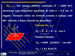 12/04/2021
Equipe de Física: Max Trindade - Nelson Leite Cardoso
Ruy Guilherme - Péricles Júnior
25
A
.
Ex1.2.5.: Um campo elétrico uniforme E = 1600 N/C
atravessa uma superfície quadrada de lado L = 4,2 cm. O
ângulo formado entre os vetores normal e campo vale
60°. Calcule o fluxo através da superfície.
E = E . A = E . A . cos 
E = 1600 . (0,042) 2 . cos 60°
E = 1,41 N.m2/C
Solução Ex1.2.5.:
E

Produto Escalar
 