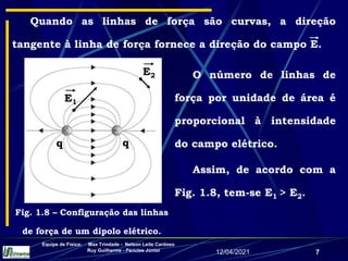 12/04/2021
Equipe de Física: Max Trindade - Nelson Leite Cardoso
Ruy Guilherme - Péricles Júnior
7
Quando as linhas de força são curvas, a direção
tangente à linha de força fornece a direção do campo E.
O número de linhas de
força por unidade de área é
proporcional à intensidade
do campo elétrico.
Assim, de acordo com a
Fig. 1.8, tem-se E1 > E2.
Fig. 1.8 – Configuração das linhas
de força de um dipolo elétrico.
E1
E2
q q
 