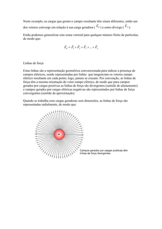 Neste exemplo, as cargas que geram o campo resultante têm sinais diferentes, então um
dos vetores converge em relação à sua carga geradora (

) e outro diverge (

).

Então podemos generalizar esta soma vetorial para qualquer número finito de partículas,
de modo que:

Linhas de força
Estas linhas são a representação geométrica convencionada para indicar a presença de
campos elétricos, sendo representadas por linhas que tangenciam os vetores campo
elétrico resultante em cada ponto, logo, jamais se cruzam. Por convenção, as linhas de
força têm a mesma orientação do vetor campo elétrico, de modo que para campos
gerados por cargas positivas as linhas de força são divergentes (sentido de afastamento)
e campos gerados por cargas elétricas negativas são representados por linhas de força
convergentes (sentido de aproximação).
Quando se trabalha com cargas geradoras sem dimensões, as linhas de força são
representadas radialmente, de modo que:

 