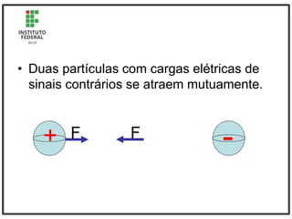 • Duas partículas com cargas elétricas de
sinais contrários se atraem mutuamente.
F
F
+ -
 