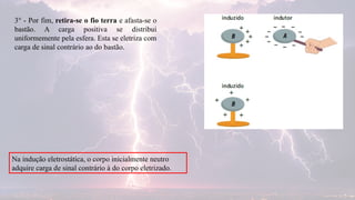 3° - Por fim, retira-se o fio terra e afasta-se o
bastão. A carga positiva se distribui
uniformemente pela esfera. Esta se eletriza com
carga de sinal contrário ao do bastão.
Na indução eletrostática, o corpo inicialmente neutro
adquire carga de sinal contrário à do corpo eletrizado.
 