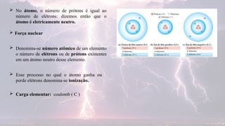  Força nuclear
 No átomo, o número de prótons é igual ao
número de elétrons: dizemos então que o
átomo é eletricamente neutro.
 Denomina-se número atômico de um elemento
o número de elétrons ou de prótons existentes
em um átomo neutro desse elemento.
 Esse processo no qual o átomo ganha ou
perde elétrons denomina-se ionização.
 Carga elementar: coulomb ( C )
 