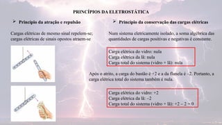 PRINCÍPIOS DA ELETROSTÁTICA
 Princípio da atração e repulsão
Cargas elétricas de mesmo sinal repelem-se;
cargas elétricas de sinais opostos atraem-se
 Princípio da conservação das cargas elétricas
Num sistema eletricamente isolado, a soma algébrica das
quantidades de cargas positivas e negativas é constante.
Carga elétrica do vidro: nula
Carga elétrica da lã: nula
Carga total do sistema (vidro + lã): nula
Após o atrito, a carga do bastão é +2 e a da flanela é –2. Portanto, a
carga elétrica total do sistema também é nula.
Carga elétrica do vidro: +2
Carga elétrica da lã: –2
Carga total do sistema (vidro + lã): +2 – 2 = 0
 