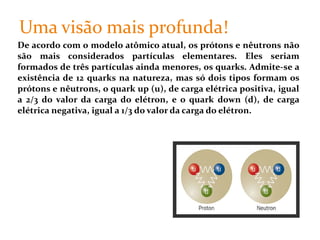 De acordo com o modelo atômico atual, os prótons e nêutrons não são mais considerados partículas elementares. Eles seriam formados de três partículas ainda menores, os quarks. Admite-se a existência de 12 quarks na natureza, mas só dois tipos formam os prótons e nêutrons, o quark up (u), de carga elétrica positiva, igual a 2/3 do valor da carga do elétron, e o quark down (d), de carga elétrica negativa, igual a 1/3 do valor da carga do elétron. Uma visão mais profunda! 