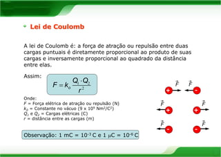 Lei de Coulomb 
A lei de Coulomb é: a força de atração ou repulsão entre duas 
cargas puntuais é diretamente proporcional ao produto de suas 
cargas e inversamente proporcional ao quadrado da distância 
entre elas. 
Assim: 
Q Q 
 
1 2 
F k 
o 2 
r 
 
Onde: 
F = Força elétrica de atração ou repulsão (N) 
k0 = Constante no vácuo (9 x 109 Nm2/C2) 
Q1 e Q2 = Cargas elétricas (C) 
r = distância entre as cargas (m) 
Observação: 1 mC = 10-3 C e 1 C = 10-6 C 
F F 
+ - 
F F 
+ + 
F F 
- - 
 