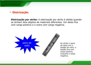 Eletrização 
Eletrização por atrito: A eletrização por atrito é obtida quando 
se atritam dois objetos de materiais diferentes. Um deles fica 
com carga positiva e o outro com carga negativa. 
pano de 
seda 
Ao atritar o pano 
de seda com o 
bastão de vidro, o 
bastão fica com 
carga positiva, 
enquanto a seda, 
negativa. 
+ 
+ 
+ 
+ 
+ 
- 
- 
- 
- 
- 
- 
- 
 