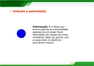 Indução e polarização 
- 
- 
- 
- 
- + 
++ 
+ 
+ 
Polarização: É o efeito que 
ocorre quando as extremidades 
opostas de um corpo ficam 
eletrizadas cor cargas de sinais 
contrários. Nota-se, porém, que 
a carga total no dielétrico 
permanece neutra. 
 
