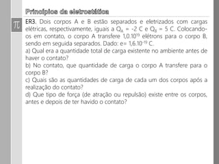 O corpo humano e a Terra também são condutores!!!
Ao ligar um condutor eletrizado à Terra, ele perde sua eletrização.
Um corpo eletrizado
positivamente recebe elétrons
ao ser ligado à Terra.
Um corpo eletrizado
negativamente cede elétrons
ao ser ligado à Terra.
 