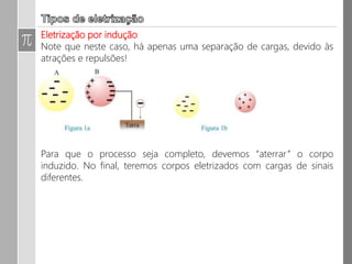 Eletrização por indução
Um exemplo de uma consequência da eletrização por indução são os
raios.
Quando temos uma nuvem carregada eletricamente durante uma
tempestade, ela irá induzir na superfície cargas de sinais opostos criando
assim um campo elétrico entre a nuvem e a superfície.
Se esse campo elétrico for muito
intenso teremos uma descarga
elétrica violenta que nós
conhecemos como raio.
 