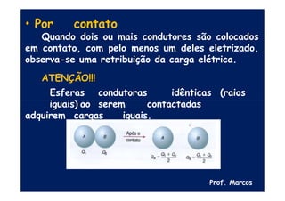 • Por contato
Quando dois ou mais condutores são colocados
em contato, com pelo menos um deles eletrizado,
observa-se uma retribuição da carga elétrica.
ATENÇÃO!!!
Esferas condutoras idênticas (raios
iguais) ao serem contactadas
adquirem cargas iguais.
Prof. Marcos
 