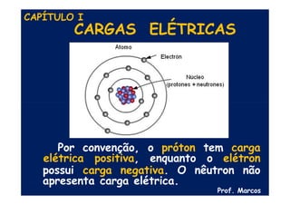 CARGAS ELÉTRICAS
Por convenção, o próton tem carga
elétrica positiva, enquanto o elétron
possui carga negativa. O nêutron não
apresenta carga elétrica.
Prof. Marcos
CAPÍTULO I
 