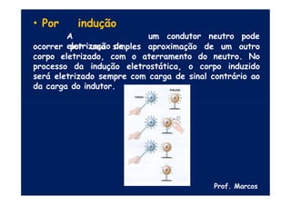 • Por indução
A
eletrização de
um condutor neutro pode
ocorrer por uma simples aproximação de um outro
corpo eletrizado, com o aterramento do neutro. No
processo da indução eletrostática, o corpo induzido
será eletrizado sempre com carga de sinal contrário ao
da carga do indutor.
Prof. Marcos
 