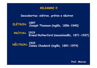 RELEMBRE !!!
Descobertas: elétron, próton e nêutron
ELÉTRON:
1897
Joseph Thomson (inglês, 1856-1940)
PRÓTON
S:
1919
Ernest Rutherford (neozelandês, 1871-1937)
NÊUTRON:
1932
James Chadwick (inglês, 1891-1974)
Prof. Marcos
 