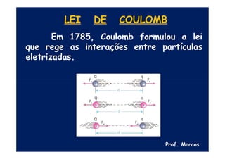LEI DE COULOMB
Em 1785, Coulomb formulou a lei
que rege as interações entre partículas
eletrizadas.
Prof. Marcos
 