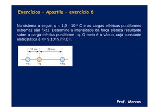 Prof. Marcos
Exercícios – Apostila – exercício 6
No sistema a seguir, q = 1,0 · 10–6
C e as cargas elétricas puntiformes
extremas são fixas. Determine a intensidade da força elétrica resultante
sobre a carga elétrica puntiforme –q. O meio é o vácuo, cuja constante
eletrostática é K= 9.109
N.m².C-2
.
 