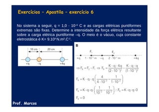 Prof. Marcos
Exercícios – Apostila – exercício 6
No sistema a seguir, q = 1,0 · 10–6
C e as cargas elétricas puntiformes
extremas são fixas. Determine a intensidade da força elétrica resultante
sobre a carga elétrica puntiforme –q. O meio é o vácuo, cuja constante
eletrostática é K= 9.109
N.m².C-2
.
 