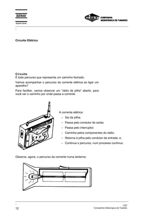 Espírito Santo
_________________________________________________________________________________________________
_
_________________________________________________________________________________________________
_
CST
12 Companhia Siderúrgica de Tubarão
Circuito Elétrico
Circuito
É todo percurso que representa um caminho fechado.
Vamos acompanhar o percurso da corrente elétrica ao ligar um
aparelho?
Para facilitar, vamos observar um “rádio de pilha” aberto, para
você ver o caminho por onde passa a corrente.
A corrente elétrica:
− Sai da pilha;
− Passa pelo condutor de saída;
− Passa pelo interruptor;
− Caminha pelos componentes do rádio;
− Retorna à pilha pelo condutor de entrada; e;
− Continua o percurso, num processo contínuo.
Observe, agora, o percurso da corrente numa lanterna:
 