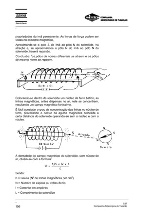 Espírito Santo
_________________________________________________________________________________________________
_
_________________________________________________________________________________________________
_
CST
106 Companhia Siderúrgica de Tubarão
propriedades do imã permanente. As linhas de força podem ser
vistas no espectro magnético.
Aproximando-se o pólo S do ímã ao pólo N do solenóide, há
atração e, se aproximarmos o pólo N do ímã ao pólo N do
solenóide, haverá repulsão.
Conclusão: “os pólos de nomes diferentes se atraem e os pólos
de mesmo nome se repelem.
Colocando-se dentro da solenóide um núcleo de ferro batido, as
linhas magnéticas, antes dispersas no ar, nele se concentram,
resultando um campo magnético fortíssimo.
É fácil constatar o grau de concentração das linhas no núcleo de
ferro, provocando o desvio da agulha magnética colocada a
certa distância do solenóide operando-se sem o núcleo e com o
núcleo.
A densidade do campo magnético do solenóide, com núcleo de
ar, obtém-se com a fórmula:
B
x N x I
L
=
125
,
Sendo:
B = Gauss (N
o
de linhas magnéticas por cm
2
)
N = Número de espiras ou voltas de fio
I = Corrente em ampères
L = Comprimento do solenóide
 