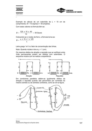 Espírito Santo
_________________________________________________________________________________________________
_
_________________________________________________________________________________________________
_
SENAI
Departamento Regional do Espírito Santo 107
Exemplo de cálculo de um solenóide de L = 10 cm de
comprimento, N = 10 espiras I = 40 ampères.
Com estes valores na fórmula têm-se:
B
x x
= =
125 10 40
10
50
,
Gauss
Colocando-se o núcleo de ferro, a fórmula torna-se:
B
x N x I x
L
=
µ 125
,
Letra grega “mi” é o fator de concentração das linhas.
Nota: Quando núcleo é de ar µ = 1 (um).
Os mesmos efeitos de atração e repulsão que se verificam entre
ímãs permanentes podem ser obtidos com solenóides. O
esquema mostra com se realiza a experiência.
Em condutores paralelos obtém-se igualmente efeitos da
atração e repulsão quando são percorridos por correntes do
mesmo sentido ou de sentidos contrários, como se vê na figura.
Atração Repulsão
 