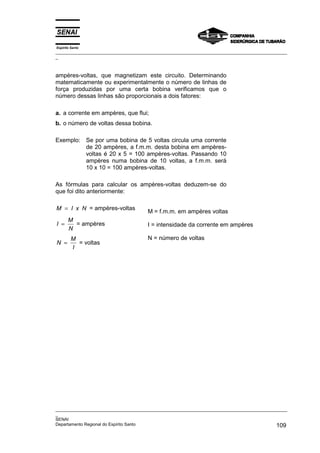 Espírito Santo
_________________________________________________________________________________________________
_
_________________________________________________________________________________________________
_
SENAI
Departamento Regional do Espírito Santo 109
ampères-voltas, que magnetizam este circuito. Determinando
matematicamente ou experimentalmente o número de linhas de
força produzidas por uma certa bobina verificamos que o
número dessas linhas são proporcionais a dois fatores:
a. a corrente em ampères, que flui;
b. o número de voltas dessa bobina.
Exemplo: Se por uma bobina de 5 voltas circula uma corrente
de 20 ampères, a f.m.m. desta bobina em ampères-
voltas é 20 x 5 = 100 ampères-voltas. Passando 10
ampères numa bobina de 10 voltas, a f.m.m. será
10 x 10 = 100 ampères-voltas.
As fórmulas para calcular os ampères-voltas deduzem-se do
que foi dito anteriormente:
M I x N
= = ampères-voltas
I
M
N
= = ampères
N
M
I
= = voltas
M = f.m.m. em ampères voltas
I = intensidade da corrente em ampères
N = número de voltas
 