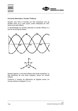 Espírito Santo
_________________________________________________________________________________________________
_
_________________________________________________________________________________________________
_
CST
118 Companhia Siderúrgica de Tubarão
Corrente Alternada e Tensão Trifásica
Quando uma linha é formada por três condutores com as
tensões entre um e outro iguais, porém defasadas de 120º,
temos uma rede trifásica.
A representação da corrente alternada ou tensão trifásica é a
que se vê nas figuras abaixo.
Quando ligamos a uma linha trifásica três fontes receptoras, ou
três elementos de uma fonte receptora, temos um circuito
trifásico.
Conforme a maneira de efetuarmos as ligações temos um
circuito estrela ou triângulo (Υ ou ∆).
 